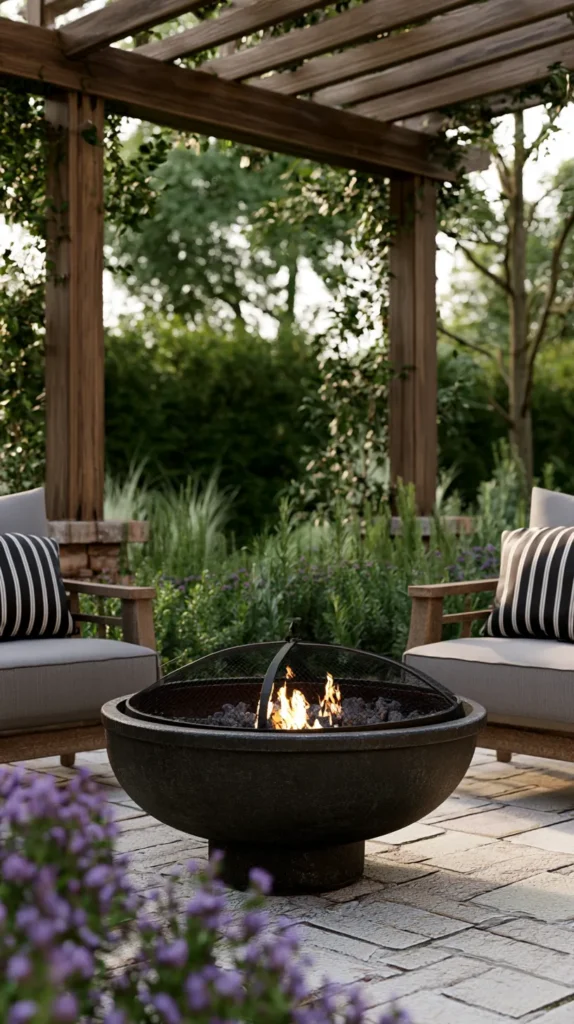 backyard fire pit surrounded with a pergola and outdoor seating