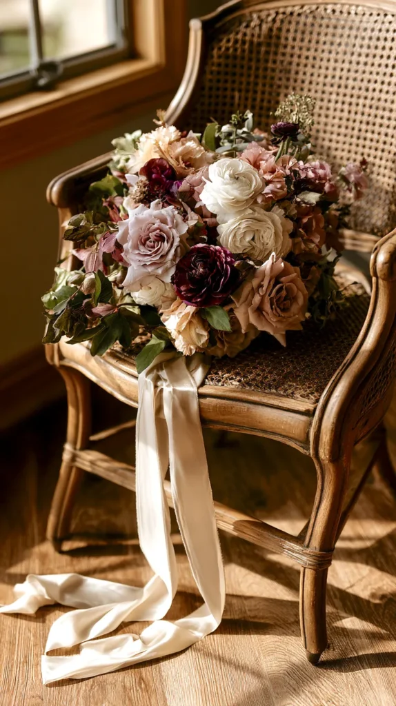dramatic wedding bouquet photography, oversized garden rose and ranunculus bouquet resting on a vintage cane chair, long ivory silk ribbons spilling onto a warm wood floor, soft side window light, romantic shadow play, airy but moody composition, editorial floral styling, layered petals, natural texture, high-end wedding aesthetic, no people, no text