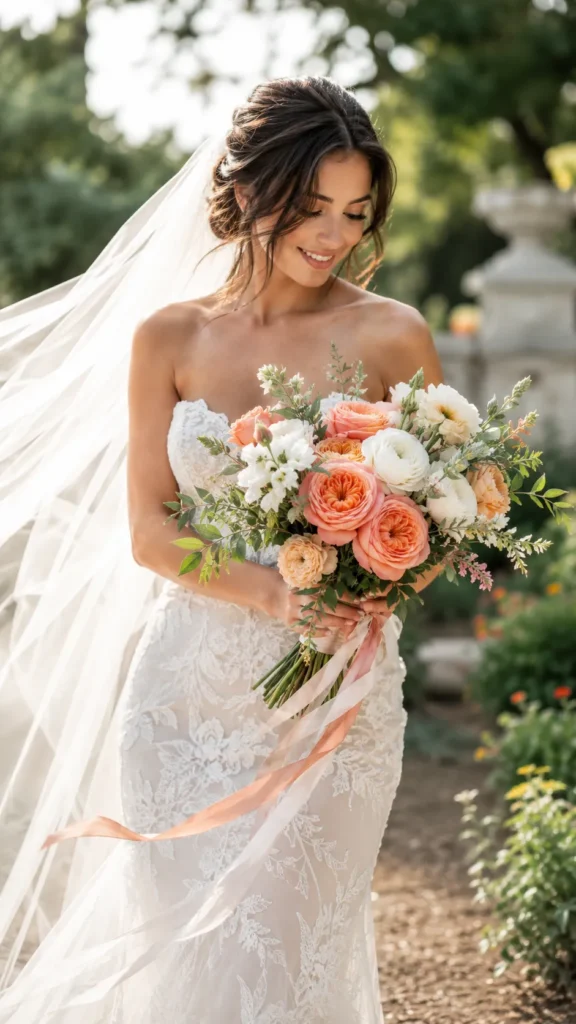 bride standing outdoors in a garden, holding the bouquet out in front of her while looking down at it, bouquet with coral garden roses, white ranunculus, and fluttering ribbon, sunlight catching the edges of the petals, soft breeze moving the veil, romantic motion
