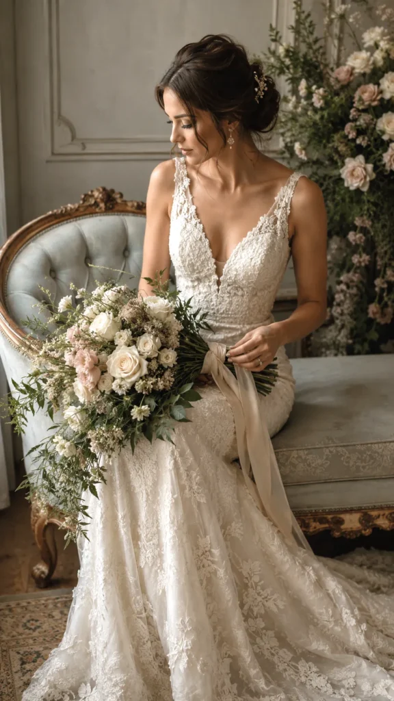 bride seated sideways on the edge of a vintage chaise lounge, wedding bouquet draped across her lap, bouquet made of ivory roses, blush lisianthus, and wispy greenery, one hand resting on the stems, the other adjusting the ribbon, soft side light, textured bridal gown