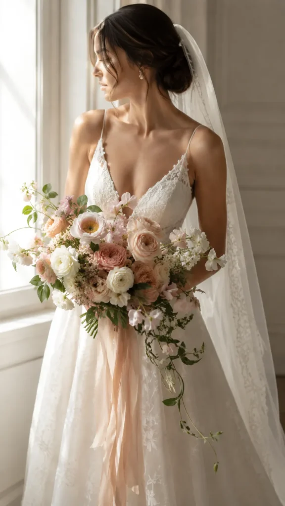 bride holding a lush wedding bouquet low at her waist while standing in a pool of soft window light, bouquet filled with garden roses, ranunculus, sweet peas, and trailing silk ribbon, face turned slightly away, veil falling behind her, romantic editorial wedding photography, soft shadows, airy but polished, layered florals