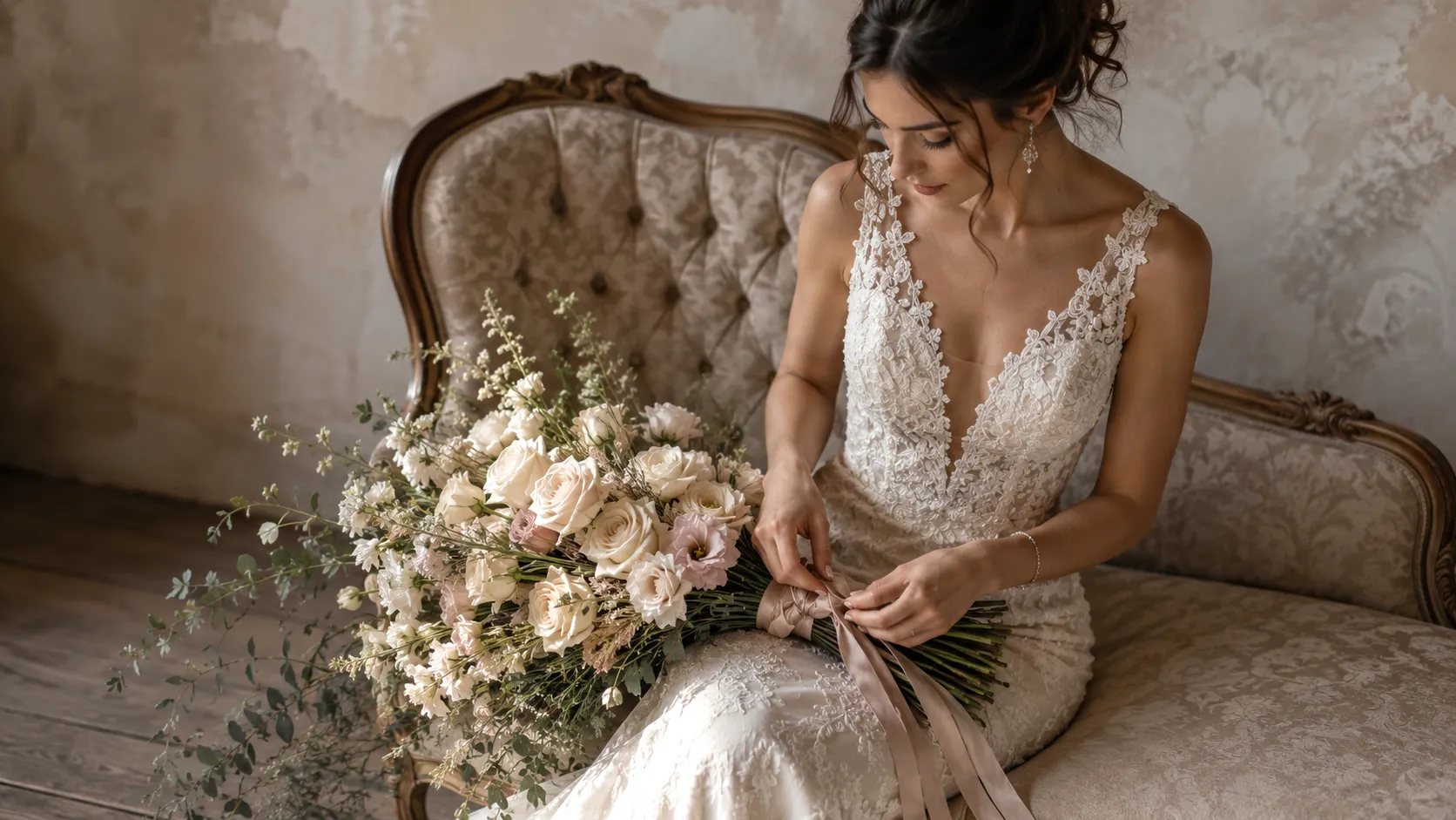bride seated sideways on the edge of a vintage chaise lounge, wedding bouquet draped across her lap, bouquet made of ivory roses, blush lisianthus, and wispy greenery, one hand resting on the stems, the other adjusting the ribbon, soft side light, textured bridal gown, editorial floral storytelling, intimate and elevated wedding photo