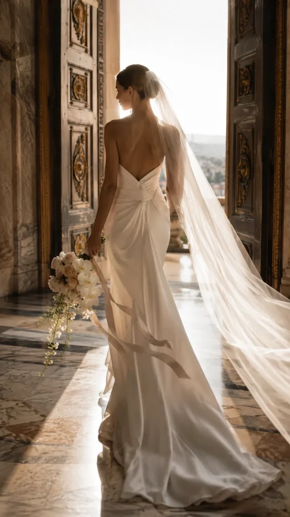 bride walking through a grand doorway with her bouquet held loosely at her side, movement in the dress and veil, bouquet filled with reflexed roses, orchids, and jasmine vine, natural motion blur in the ribbon tails, luxury wedding photography