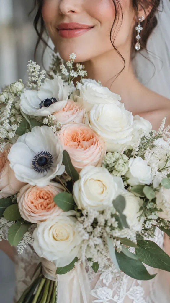 close-up bouquet shot with the bride partially visible, bouquet lifted near her chin without covering the entire face, soft smile, delicate earrings, bouquet packed with white roses, anemones, and pale peach garden blooms, shallow depth of field, glowing skin, dreamy wedding editorial, romantic and refined