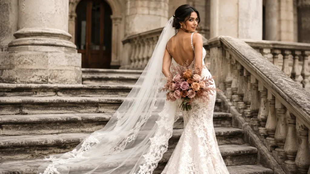 bride photographed from behind while turning over her shoulder, bouquet resting against the small of her back, long veil trailing down stone steps, bouquet with mauve roses, toffee roses, and airy astilbe, elegant back pose, dramatic natural light, fashion-forward wedding bouquet photography, graceful and unexpected composition