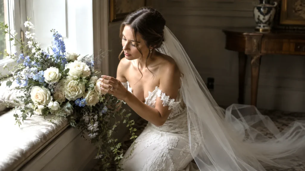 bride kneeling slightly beside a window seat, bouquet resting on the seat while she leans in and lightly touches the petals, bouquet made of cream roses, delphinium, and trailing greenery, quiet candid moment, soft veil pooling around her, natural light, emotional editorial wedding photography, fine detail and texture