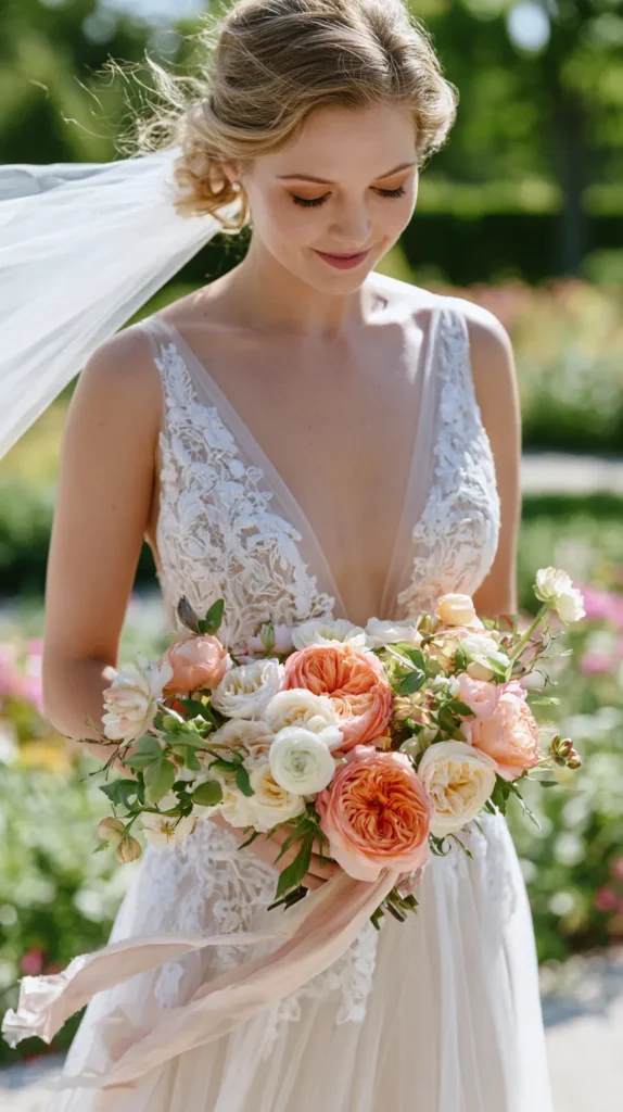 bride standing outdoors in a garden, holding the bouquet out in front of her while looking down at it, bouquet with coral garden roses, white ranunculus, and fluttering ribbon, sunlight catching the edges of the petals, soft breeze moving the veil, romantic motion, editorial wedding bouquet photography, fresh and dynamic composition