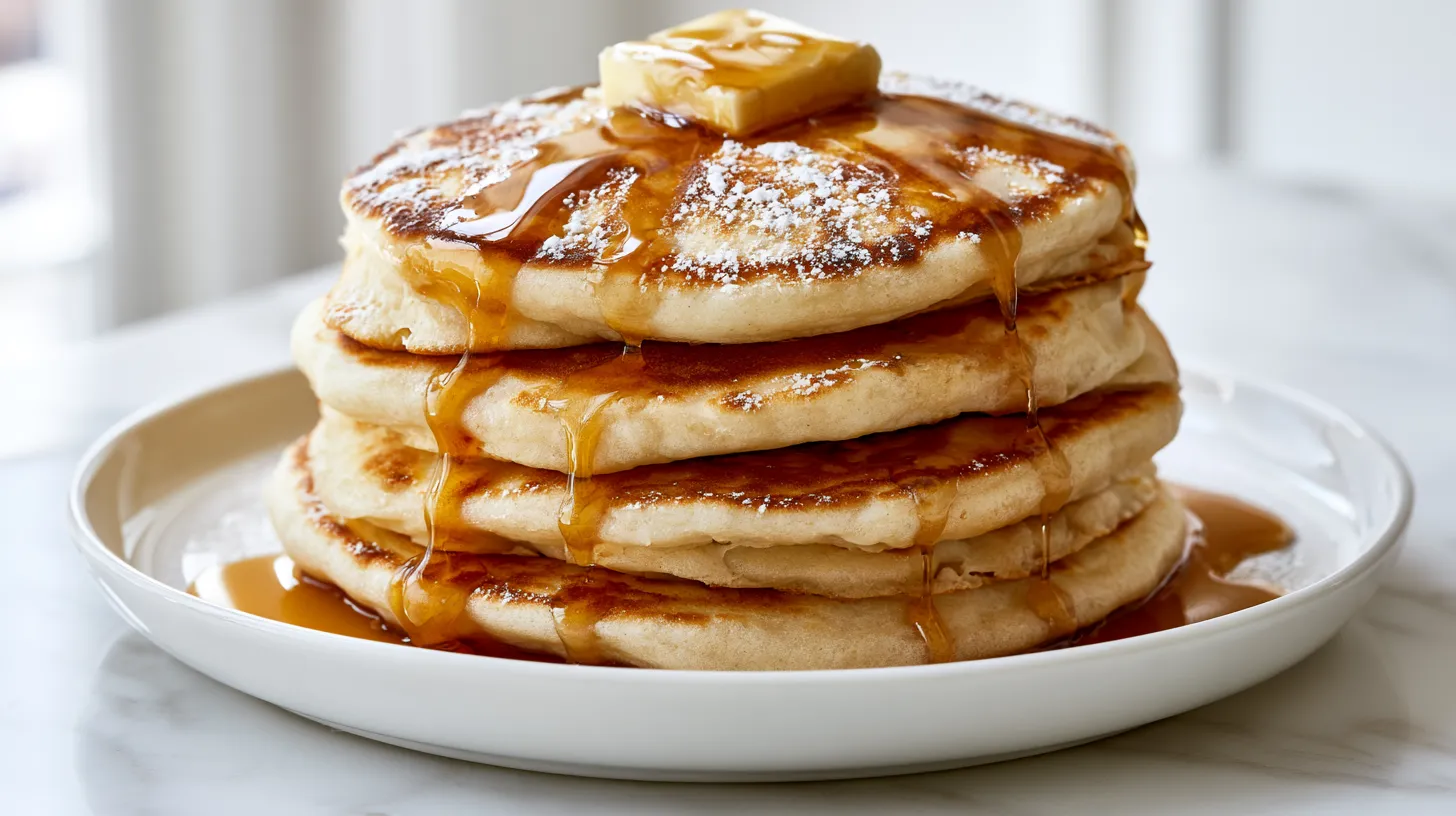 stack of pancakes with butter and syrup