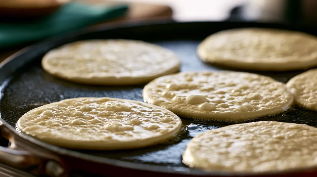 Close-up skillet shot of homemade pancakes cooking on a flat griddle, bubbles forming on top of the raw batter, light butter sheen on the pan, bright kitchen background softly blurred, realistic breakfast cooking scene, editorial food photography, no hands, no people, no text, no watermark