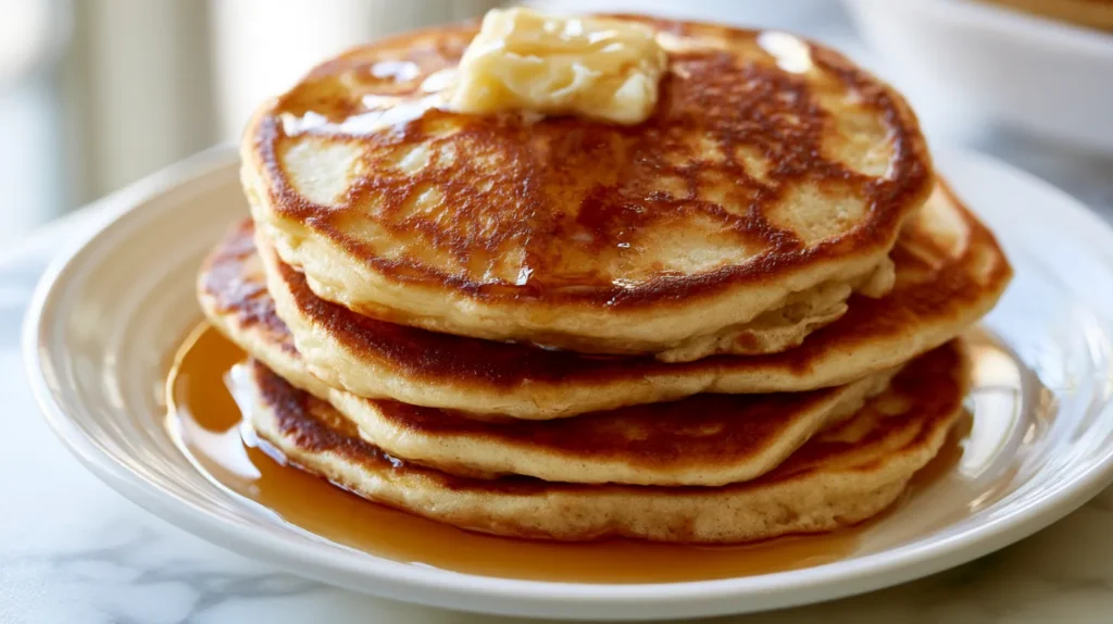Hyper-realistic stack of fluffy homemade pancakes on a white ceramic plate, golden brown edges, soft tender centers, melted butter on top, warm maple syrup dripping down the sides, light dusting of powdered sugar, white marble kitchen counter, bright white kitchen background, soft natural window light, crisp editorial food photography, cozy budget-friendly breakfast mood, realistic textures, no people, no text, no watermark