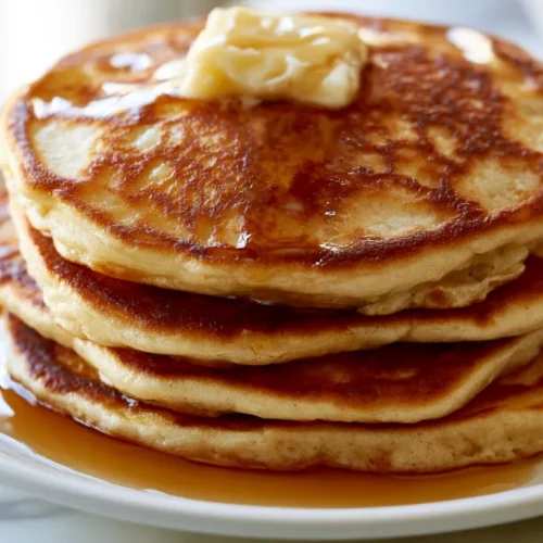 Hyper-realistic stack of fluffy homemade pancakes on a white ceramic plate, golden brown edges, soft tender centers, melted butter on top, warm maple syrup dripping down the sides, light dusting of powdered sugar, white marble kitchen counter, bright white kitchen background, soft natural window light, crisp editorial food photography, cozy budget-friendly breakfast mood, realistic textures, no people, no text, no watermark