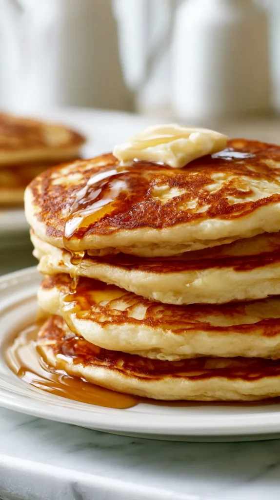 Close-up of fluffy homemade pancakes with crispy golden edges, butter melting into the top pancake, glossy maple syrup pooling slightly on the plate, visible soft pancake crumb, white ceramic plate, white marble counter, bright airy kitchen, natural morning light, hyper-realistic food photography, clean minimal styling, no utensils, no people, no text, no watermark