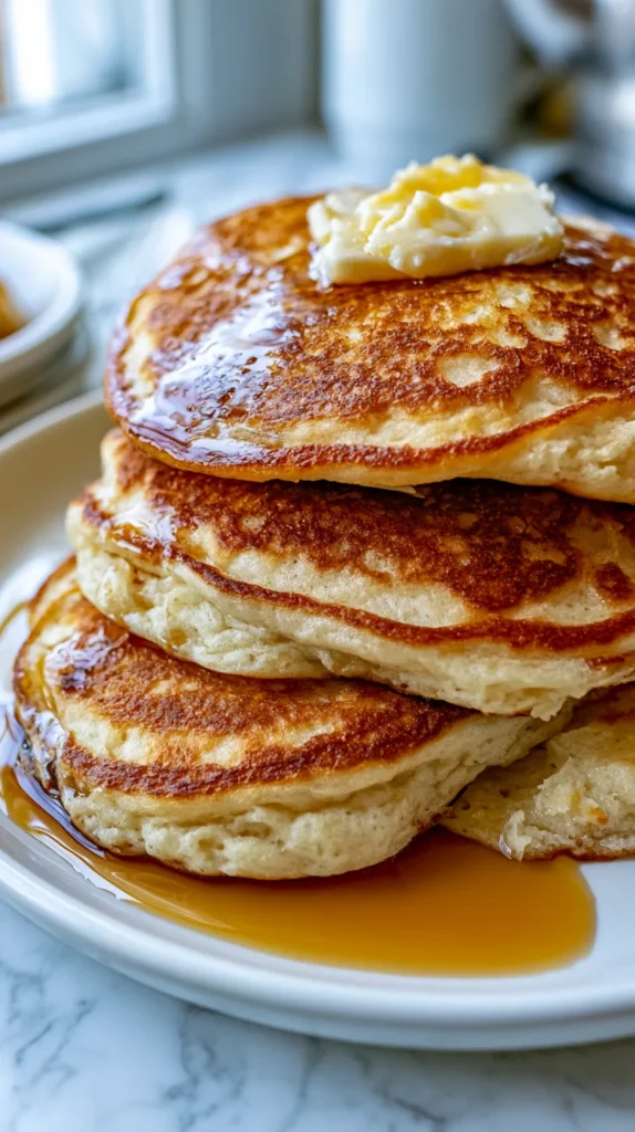 Hyper-realistic stack of fluffy homemade pancakes on one single white ceramic plate, golden brown edges, soft tender centers, melted butter on top, warm maple syrup dripping down the sides, light dusting of powdered sugar, white marble kitchen counter, bright white kitchen background, soft natural window light, crisp editorial food photography, cozy budget-friendly breakfast mood, realistic textures, no people, no text, no watermark