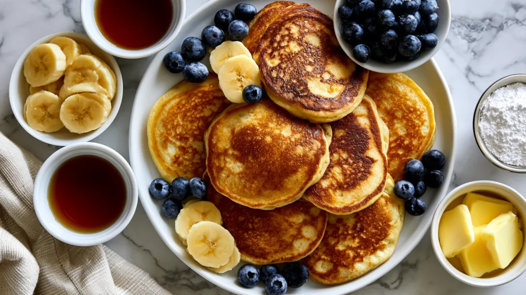 Overhead view of homemade pancakes served family-style on a white platter, small bowls of maple syrup, sliced bananas, blueberries, butter pats, and powdered sugar nearby, budget-friendly breakfast spread, white marble counter, bright natural light, clean cheerful kitchen styling, realistic food textures, no hands, no people, no text, no watermark