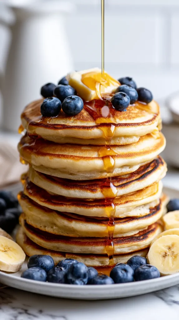 Tall Pinterest-style image of a stack of fluffy homemade pancakes with golden crisp edges, melted butter and maple syrup dripping down the stack, fresh blueberries and banana slices around the plate, bright white kitchen background, white marble counter, soft natural light, cozy cheerful breakfast photography, hyper-realistic, no people, no text, no watermark