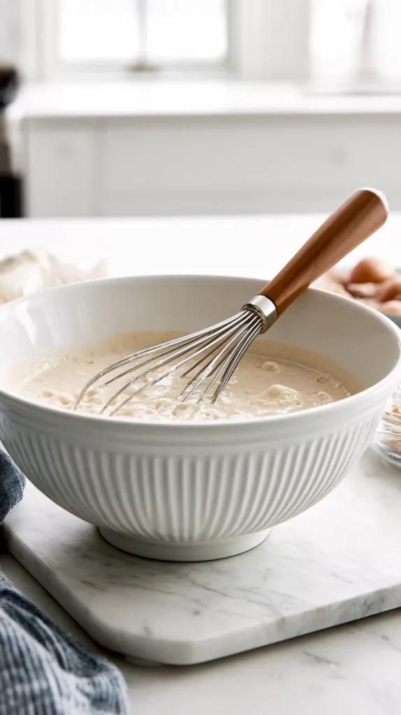 Process-style shot of homemade pancake batter in a white mixing bowl with a whisk resting inside the bowl, small lumps visible in the batter, ingredients nearby on a white marble counter, bright white kitchen background, soft natural window light, realistic food prep photography, no hands, no people, no text, no watermark