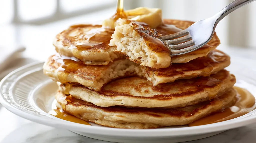 Hyper-realistic fork lift shot of homemade pancakes, a silver fork lifting one fluffy bite from a stack of golden brown homemade pancakes, clear missing bite mark in the stack, soft tender interior visible, lightly crisp edges, melted butter on top, warm maple syrup dripping over the pancakes, white ceramic plate on a white marble kitchen counter, bright white kitchen background, soft natural window light, crisp editorial food photography, realistic textures and proportions, cozy budget-friendly breakfast mood, no people, no text, no watermark