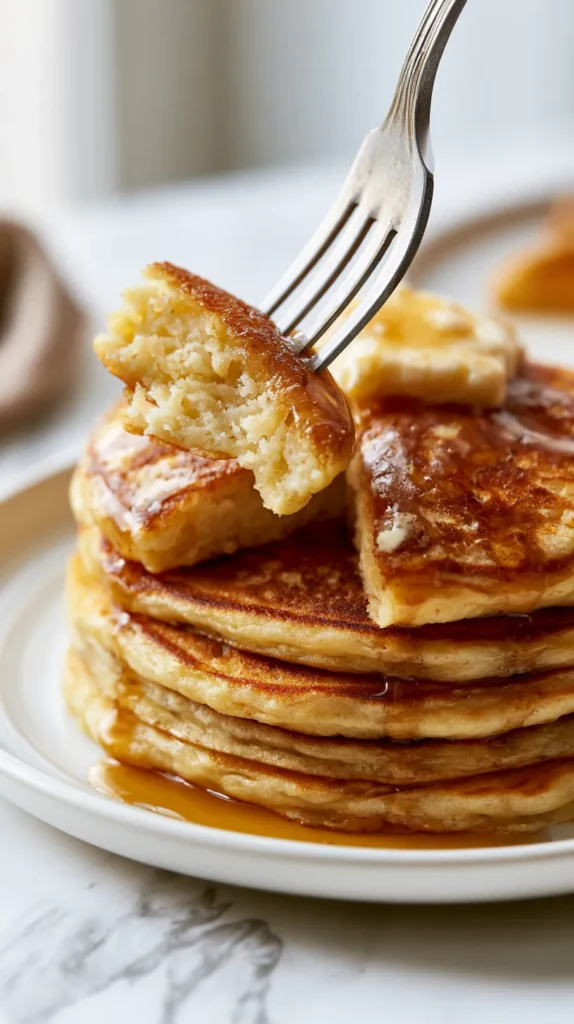 Hyper-realistic fork lift shot of homemade pancakes, a silver fork lifting one fluffy bite from a stack of golden brown homemade pancakes, clear missing bite mark in the stack, soft tender interior visible, lightly crisp edges, melted butter on top, warm maple syrup dripping over the pancakes, white ceramic plate on a white marble kitchen counter, bright white kitchen background, soft natural window light, crisp editorial food photography, realistic textures and proportions, cozy budget-friendly breakfast mood, no people, no text, no watermark