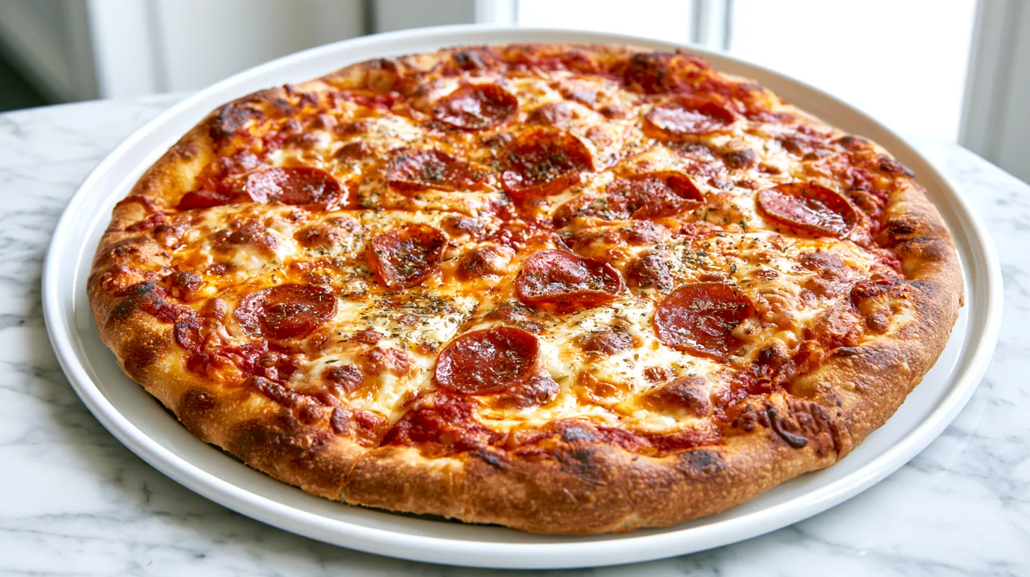 Homemade pizza, full whole pizza centered on a round white pizza pan, overhead angle, golden homemade crust with slightly blistered edges, bubbly melted mozzarella, rich red pizza sauce peeking through, scattered pepperoni slices and a light sprinkle of dried oregano, fresh-from-the-oven look, set on a white marble kitchen counter, bright white kitchen background, soft natural window light, hyper-realistic food photography, crisp textures, clean editorial styling, no people, no text, no watermark