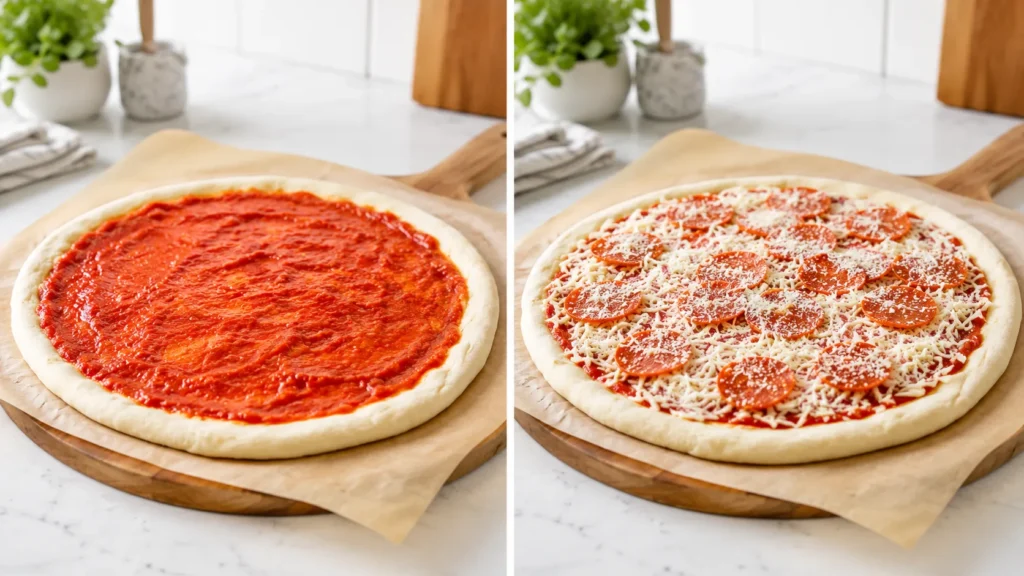 sauce and pepperoni and cheese being added to the dough