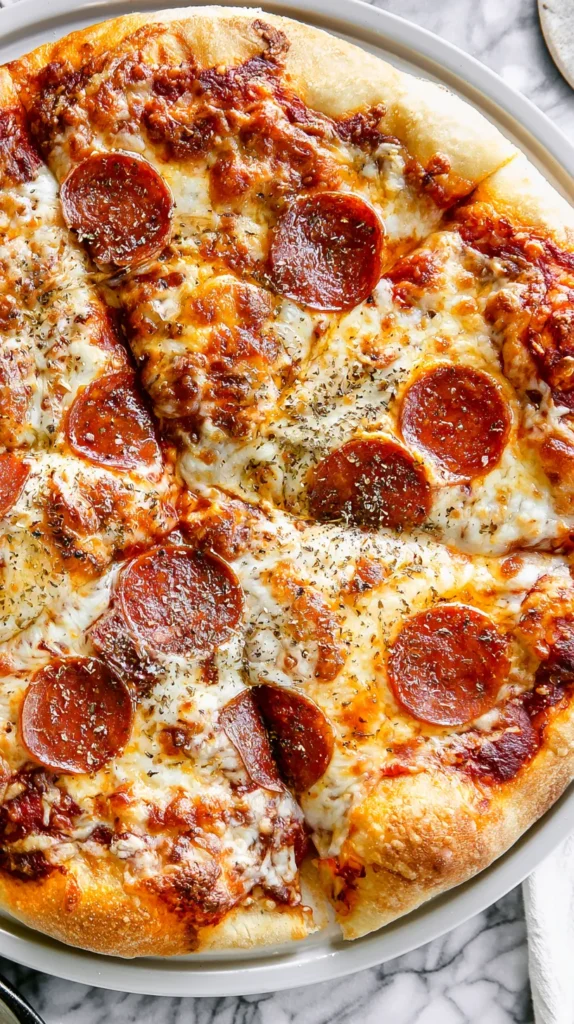 Homemade pizza, full whole pizza centered on a round white pizza pan, overhead angle, golden homemade crust with slightly blistered edges, bubbly melted mozzarella, rich red pizza sauce peeking through, scattered pepperoni slices and a light sprinkle of dried oregano, fresh-from-the-oven look, set on a white marble kitchen counter, bright white kitchen background, soft natural window light, hyper-realistic food photography, crisp textures, clean editorial styling, no people, no text, no watermark