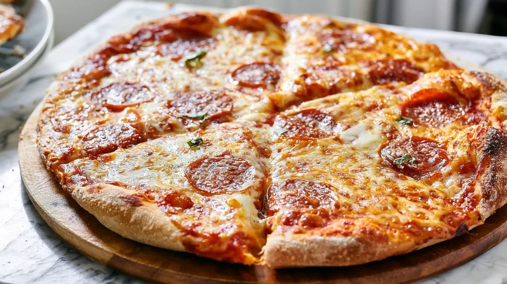 Homemade pizza, full whole pizza photographed at a 3/4 angle, golden brown crust with crisp edges, stretchy melted mozzarella, glossy red sauce, pepperoni and a few scattered basil leaves, sliced but still whole, resting on a round wooden pizza board on a white marble counter, bright airy white kitchen in the background, soft natural light, ultra realistic, editorial food photography, appetizing texture, clean composition, no people, no text, no watermark