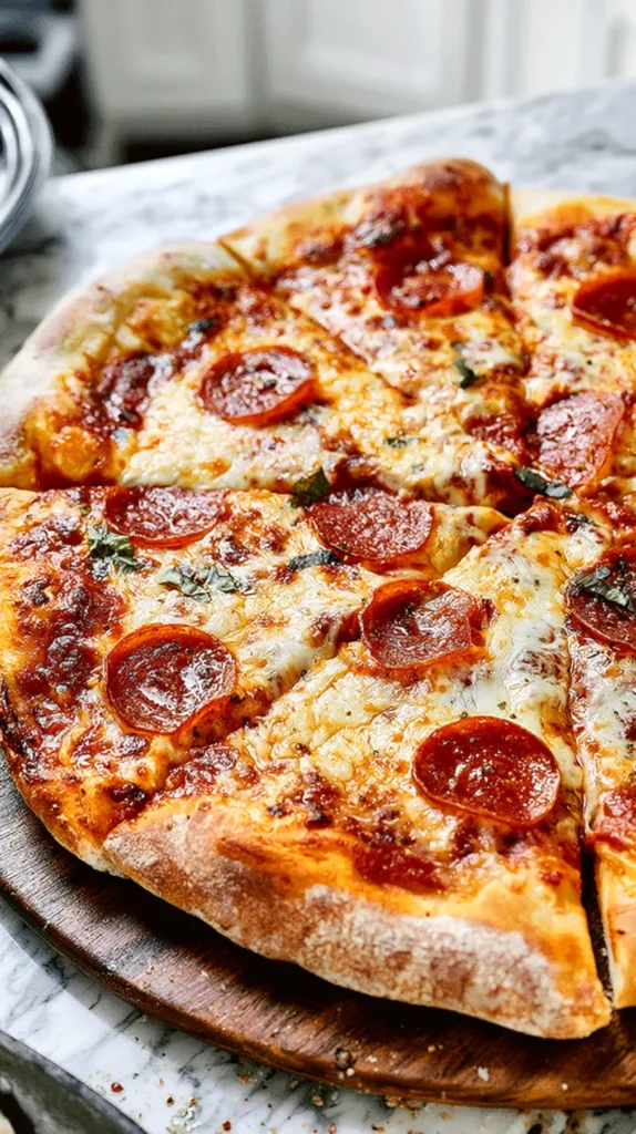Homemade pizza, full whole pizza photographed at a 3/4 angle, golden brown crust with crisp edges, stretchy melted mozzarella, glossy red sauce, pepperoni and a few scattered basil leaves, sliced but still whole, resting on a round wooden pizza board on a white marble counter, bright airy white kitchen in the background, soft natural light, ultra realistic, editorial food photography, appetizing texture, clean composition, no people, no text, no watermark