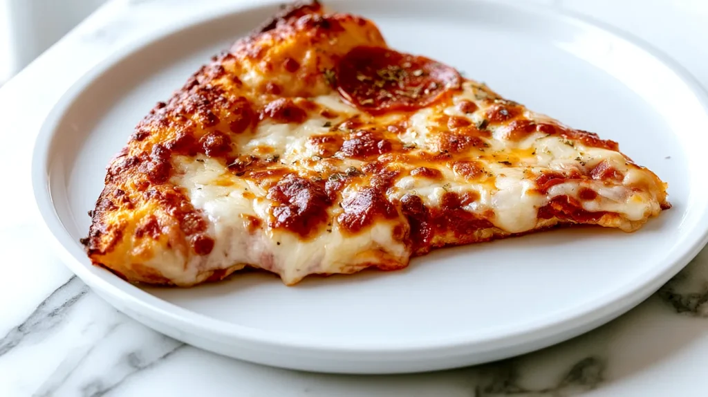 slice of pepperoni pizza on a white plate