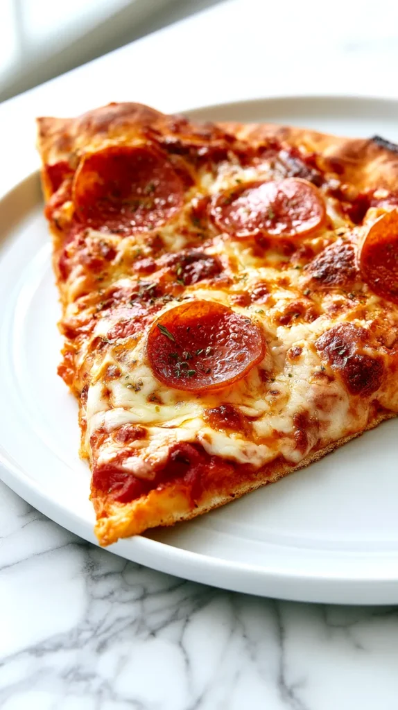 slice of pizza on a plate in the kitchen
