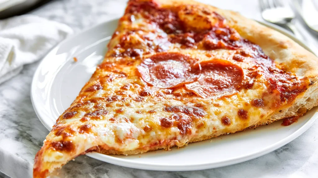 Single slice of homemade pizza on a white plate, side angle, focus on the crust thickness and melty cheese, golden chewy crust with crisp bottom, rich tomato sauce, bubbling mozzarella, pepperoni topping, warm fresh-baked appearance, plate on a white marble counter, bright white kitchen background softly blurred, natural window light, ultra realistic editorial food photography, detailed texture, no people, no text, no watermark