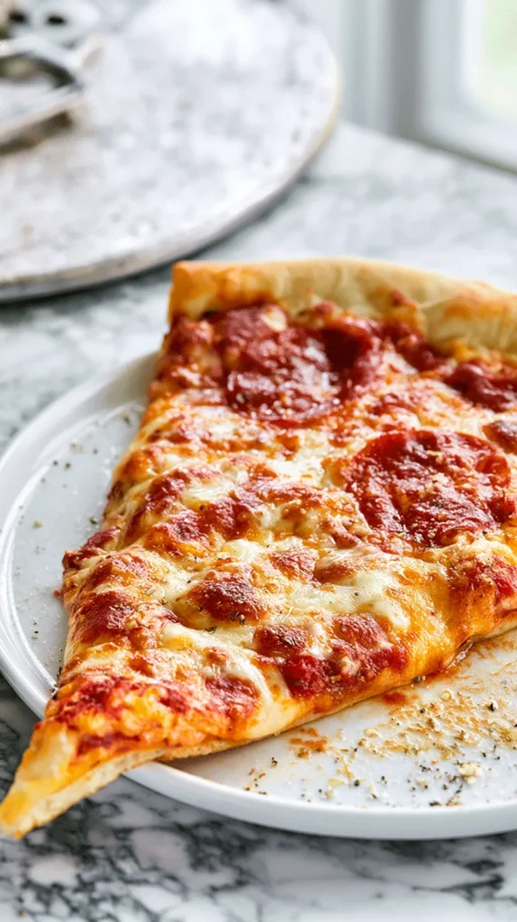 Single slice of homemade pizza on a white plate, side angle, focus on the crust thickness and melty cheese, golden chewy crust with crisp bottom, rich tomato sauce, bubbling mozzarella, pepperoni topping, warm fresh-baked appearance, plate on a white marble counter, bright white kitchen background softly blurred, natural window light, ultra realistic editorial food photography, detailed texture, no people, no text, no watermark