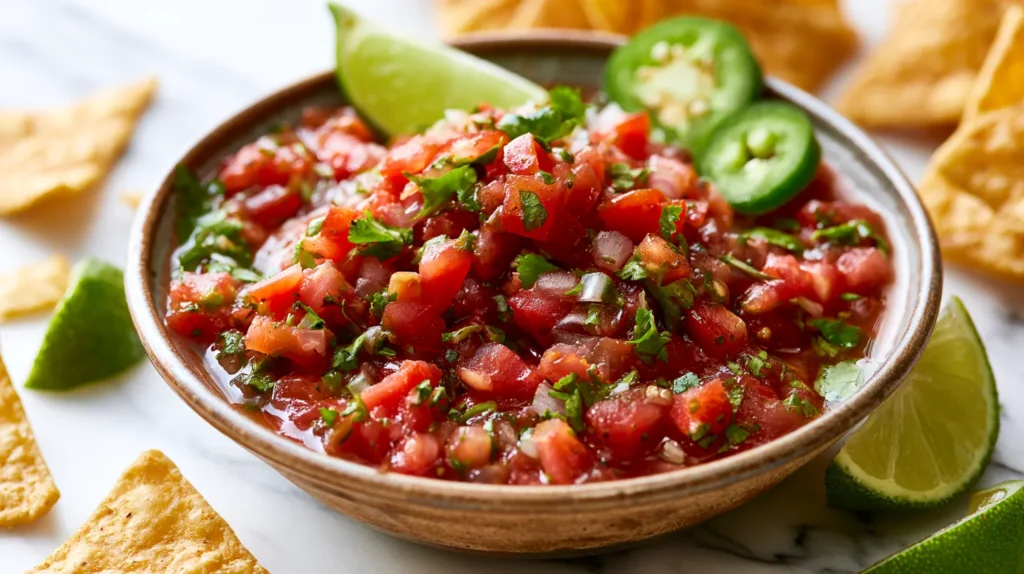 Hyper realistic close up of fresh homemade salsa in a small rustic serving bowl, chunky tomato texture, green cilantro flecks, diced onion, jalapeño slices, lime wedges, golden tortilla chips scattered naturally nearby, white marble counter, bright airy kitchen light, crisp realistic food textures, casual summer snack styling, clean editorial recipe photography, no people, no text, no watermark