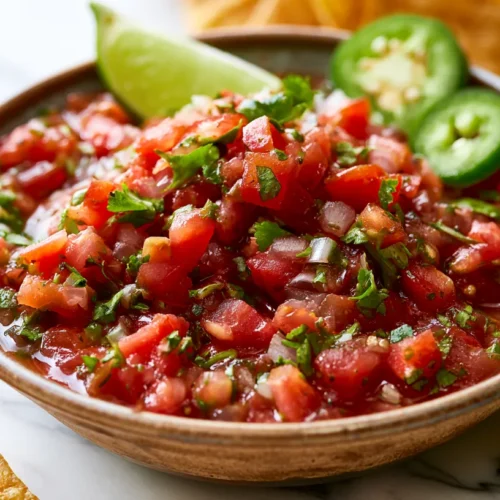 Hyper realistic close up of fresh homemade salsa in a small rustic serving bowl, chunky tomato texture, green cilantro flecks, diced onion, jalapeño slices, lime wedges, golden tortilla chips scattered naturally nearby, white marble counter, bright airy kitchen light, crisp realistic food textures, casual summer snack styling, clean editorial recipe photography, no people, no text, no watermark