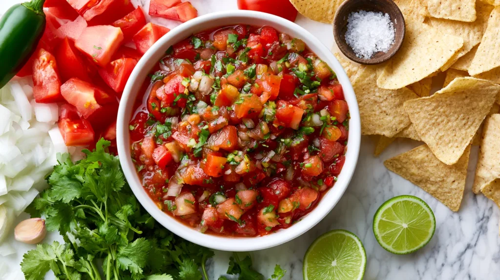 Hyper realistic overhead food photography of homemade salsa in a white bowl beside fresh ingredients, chopped tomatoes, white onion, cilantro, jalapeño, lime halves, garlic clove, small pinch bowl of salt, tortilla chips arranged casually on white marble counter, bright natural window light, clean budget friendly recipe styling, vibrant red and green colors, no hands, no people, no text, no watermark