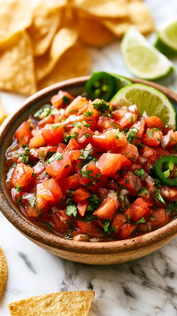 Hyper realistic editorial food photography of chunky homemade salsa in a white ceramic bowl, fresh diced tomatoes, onion, cilantro, jalapeño, and lime juice visible, surrounded by crisp tortilla chips on a white marble kitchen counter, bright white kitchen background, soft natural window light, fresh colorful textures, budget friendly homemade recipe feel, clean simple styling, no text, no watermark