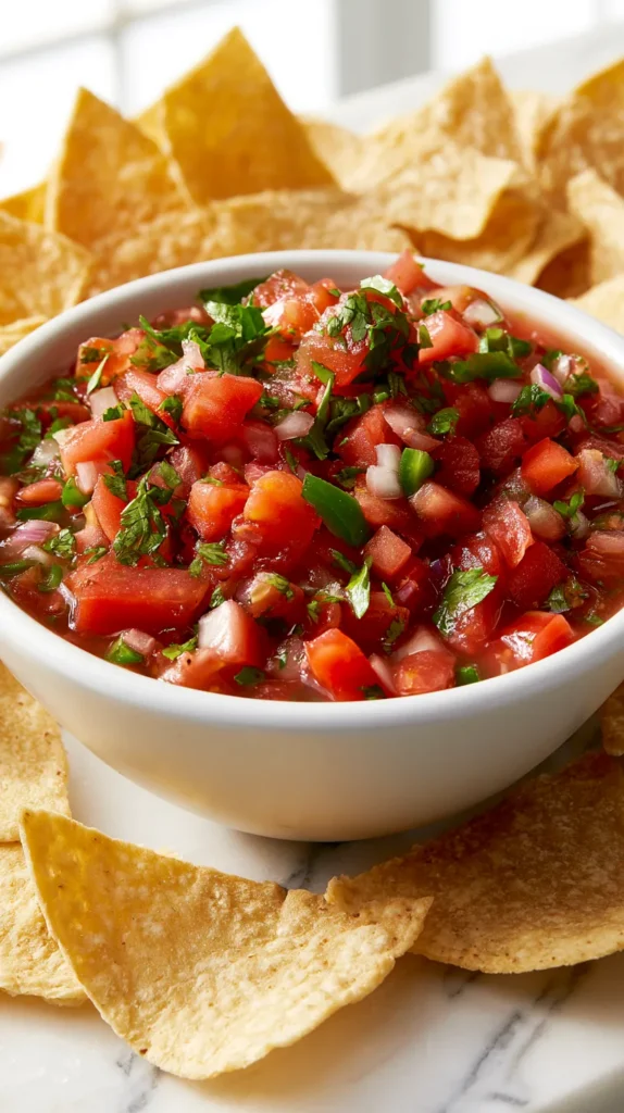 Hyper realistic editorial food photography of chunky homemade salsa in a white ceramic bowl, fresh diced tomatoes, onion, cilantro, jalapeño, and lime juice visible, surrounded by crisp tortilla chips on a white marble kitchen counter, bright white kitchen background, soft natural window light, fresh colorful textures, budget friendly homemade recipe feel, clean simple styling, no text, no watermark