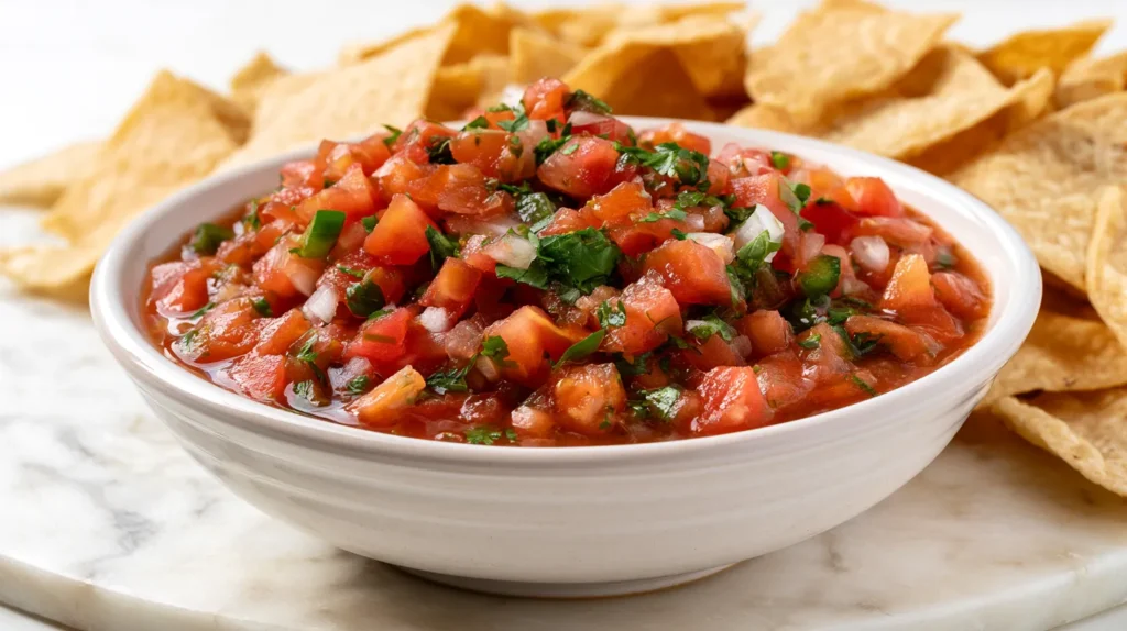 Hyper realistic close up of fresh homemade salsa in a small rustic serving bowl, chunky tomato texture, green cilantro flecks, diced onion, jalapeño slices, lime wedges, golden tortilla chips scattered naturally nearby, white marble counter, bright airy kitchen light, crisp realistic food textures, casual summer snack styling, clean editorial recipe photography, no people, no text, no watermark
