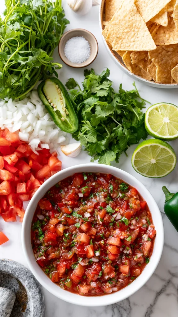 Hyper realistic overhead food photography of homemade salsa in a white bowl beside fresh ingredients, chopped tomatoes, white onion, cilantro, jalapeño, lime halves, garlic clove, small pinch bowl of salt, tortilla chips arranged casually on white marble counter, bright natural window light, clean budget friendly recipe styling, vibrant red and green colors, no hands, no people, no text, no watermark