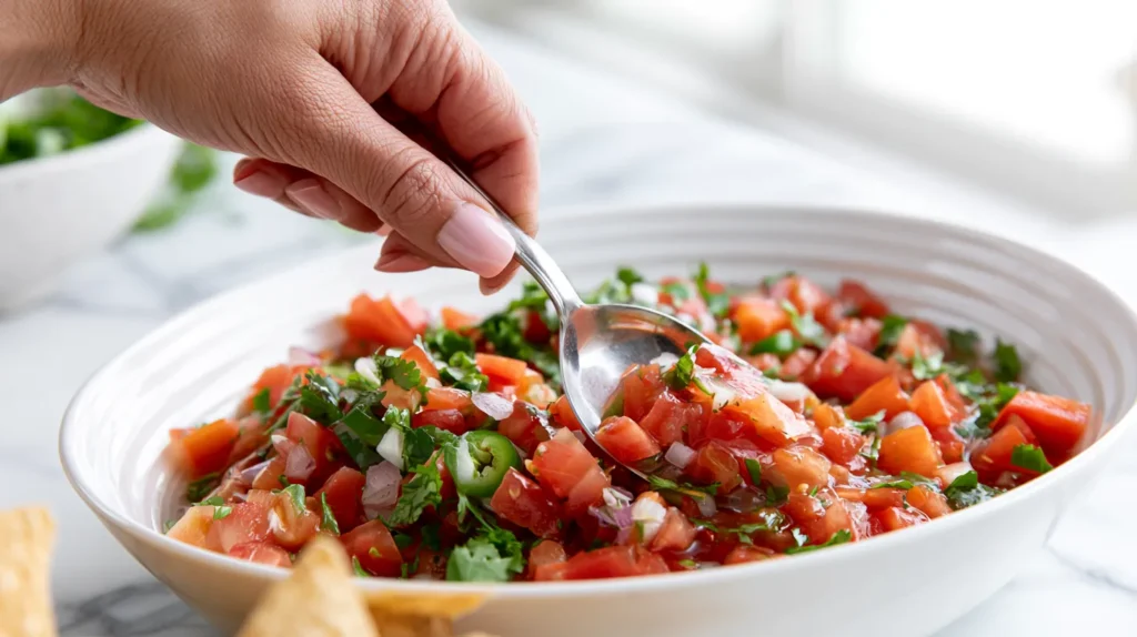 Hyper realistic process photo of chunky homemade salsa being stirred in a white ceramic bowl with a silver spoon, visible diced tomatoes, onion, cilantro, jalapeño, and lime juice, tortilla chips nearby, white marble kitchen counter, bright white kitchen background, soft natural window light, fresh realistic texture