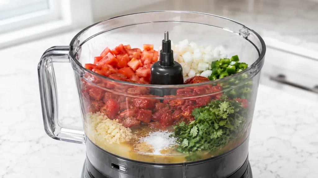 Hyper realistic process photo of homemade salsa ingredients inside a food processor bowl before blending, chopped fresh tomatoes, drained fire roasted diced tomatoes, white onion, jalapeño, cilantro, minced garlic, lime juice, kosher salt, and cumin visible, food processor on a white marble kitchen counter