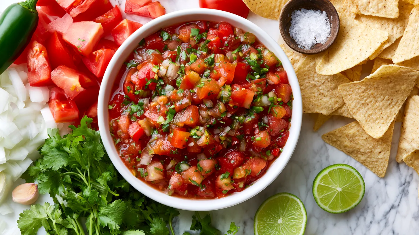 Hyper realistic overhead food photography of homemade salsa in a white bowl beside fresh ingredients, chopped tomatoes, white onion, cilantro, jalapeño, lime halves, garlic clove, small pinch bowl of salt, tortilla chips arranged casually on white marble counter, bright natural window light, clean budget friendly recipe styling, vibrant red and green colors, no hands, no people, no text, no watermark