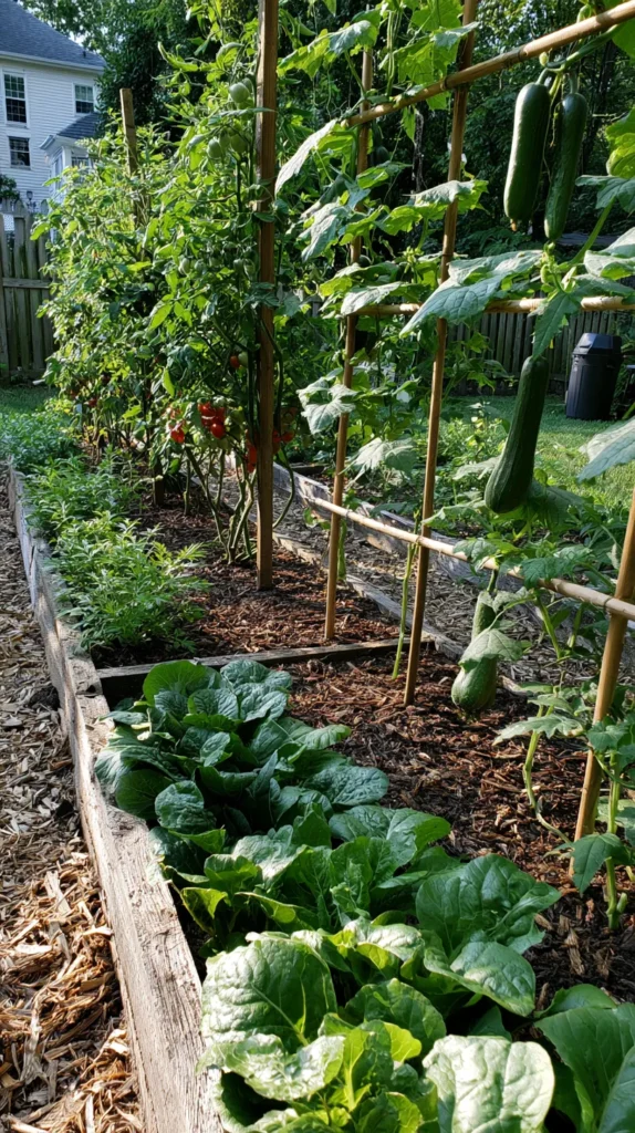 Budget-friendly backyard homesteading garden layout, organized raised garden beds in clear zones, herb garden near a small back patio, tomato plants on wooden stakes, cucumbers climbing a simple DIY trellis, leafy greens in front beds, compost bin tucked in back corner, mulch pathways, reclaimed wood borders, sunny suburban backyard, warm natural light, realistic home garden, cozy practical homestead feel, no people, no text, no watermark