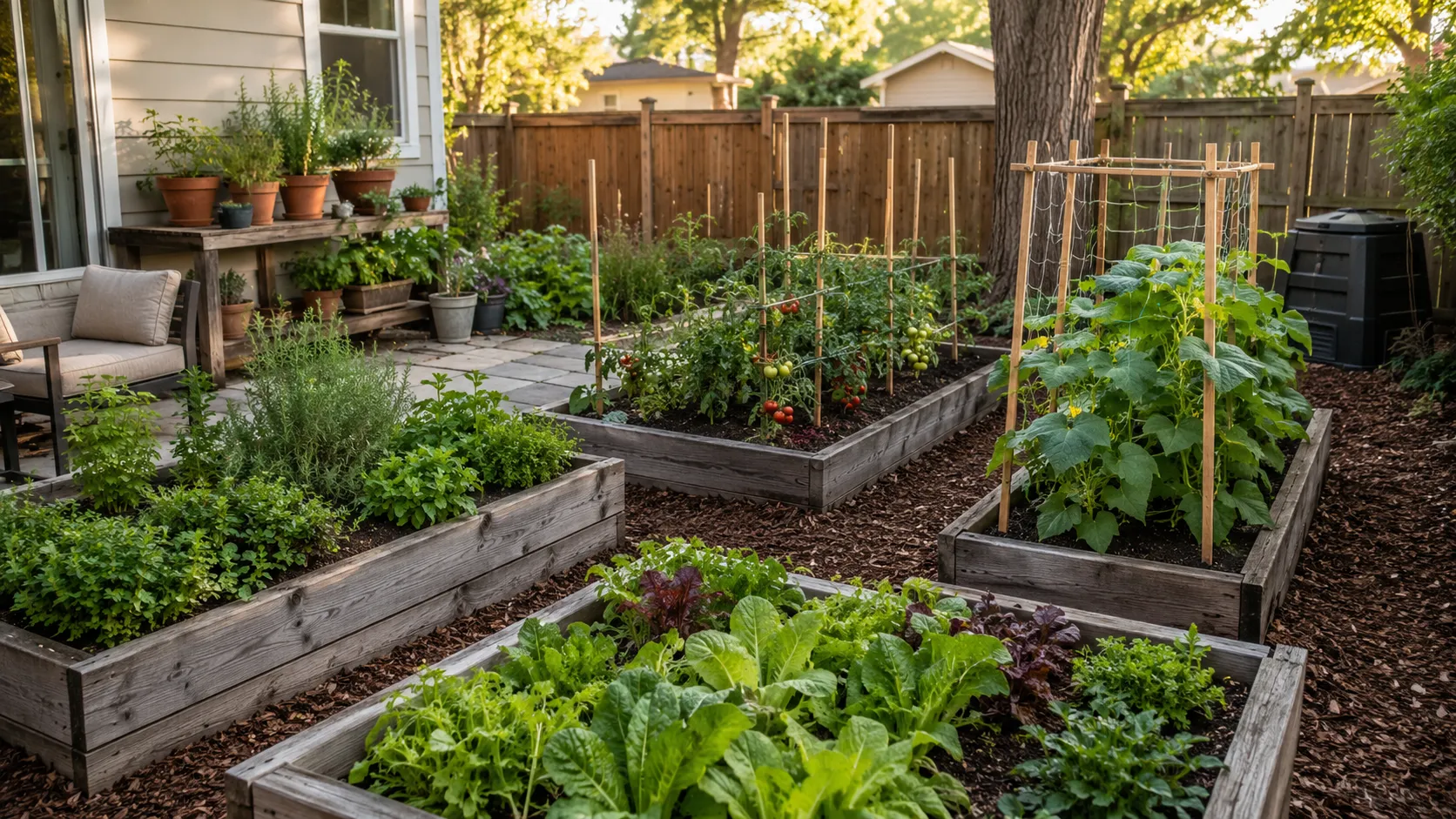Budget-friendly backyard homesteading garden layout, organized raised garden beds in clear zones, herb garden near a small back patio, tomato plants on wooden stakes, cucumbers climbing a simple DIY trellis, leafy greens in front beds, compost bin tucked in back corner, mulch pathways, reclaimed wood borders, sunny suburban backyard, warm natural light, realistic home garden, cozy practical homestead feel, no people
