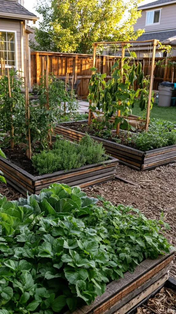 Budget-friendly backyard homesteading garden layout, organized raised garden beds in clear zones, herb garden near a small back patio, tomato plants on wooden stakes, cucumbers climbing a simple DIY trellis, leafy greens in front beds, compost bin tucked in back corner, mulch pathways, reclaimed wood borders, sunny suburban backyard, warm natural light, realistic home garden, cozy practical homestead feel, no people, no text, no watermark