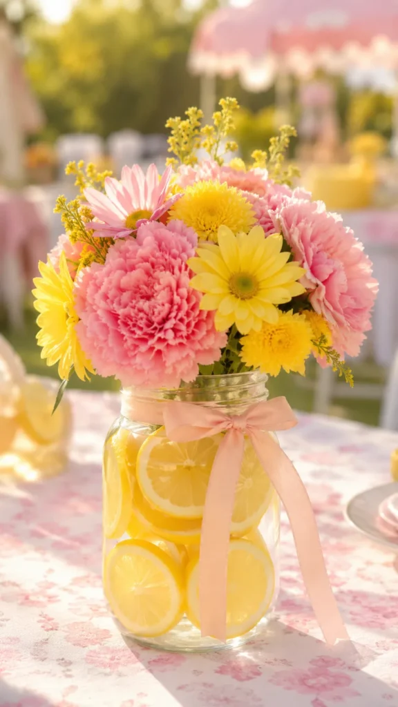 pink and yellow flowers, clear vase, lemon slices inside the vase