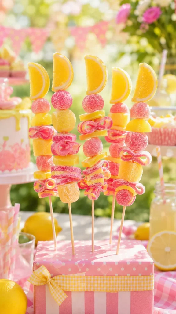 candy skewers, pink and yellow