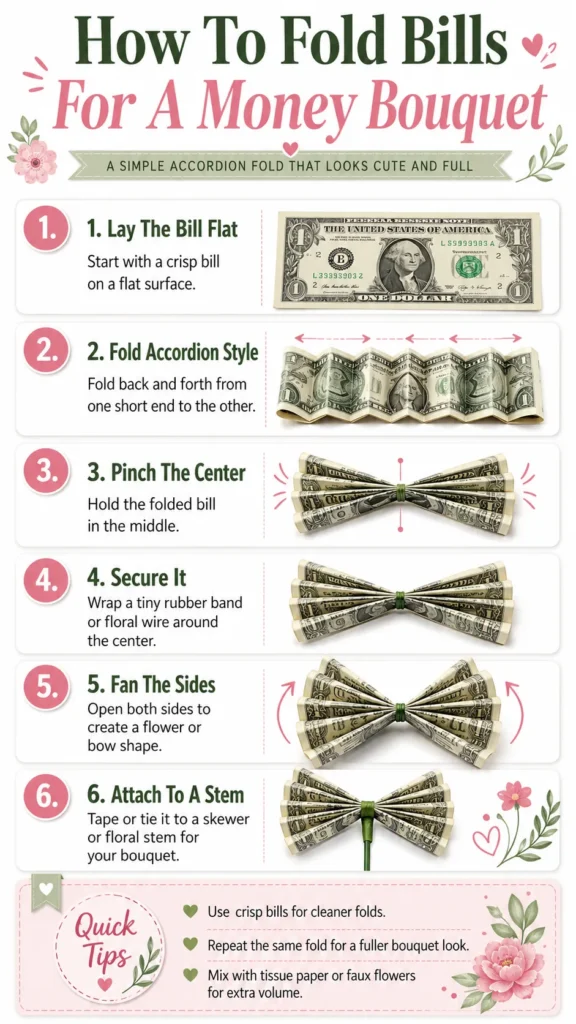 Step-by-step money bouquet folding graphic showing a U.S. dollar bill folded accordion-style, pinched in the center, fanned open, and attached to a stem.