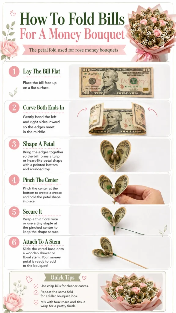 Step-by-step money bouquet folding graphic showing a U.S. dollar bill curved into a petal shape, pinched at the bottom, secured with floral wire, and attached to a wooden skewer.