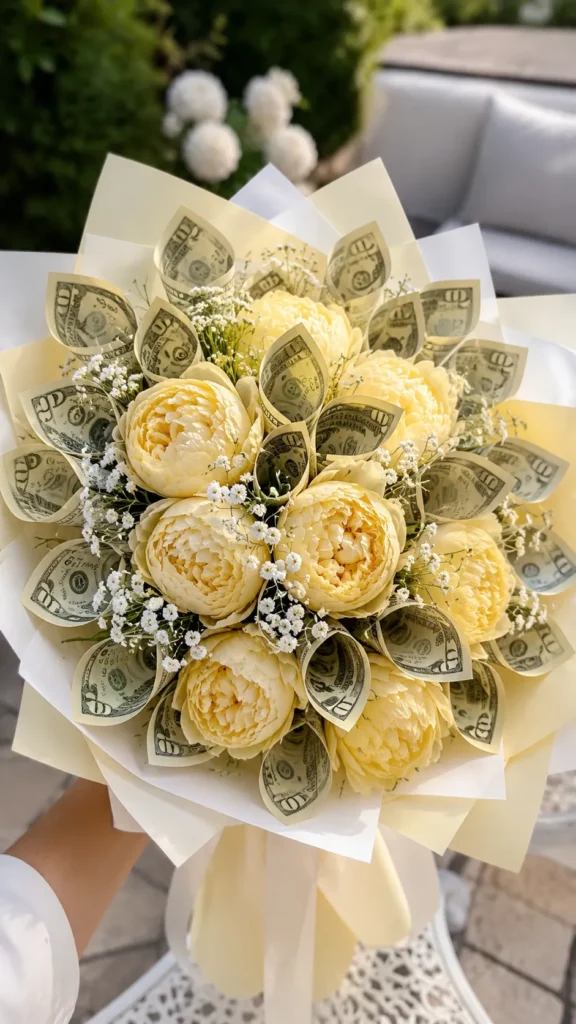 Yellow peony money bouquet with folded dollar bill petals, white and pale yellow wrapping paper, baby’s breath, and an outdoor patio background.
