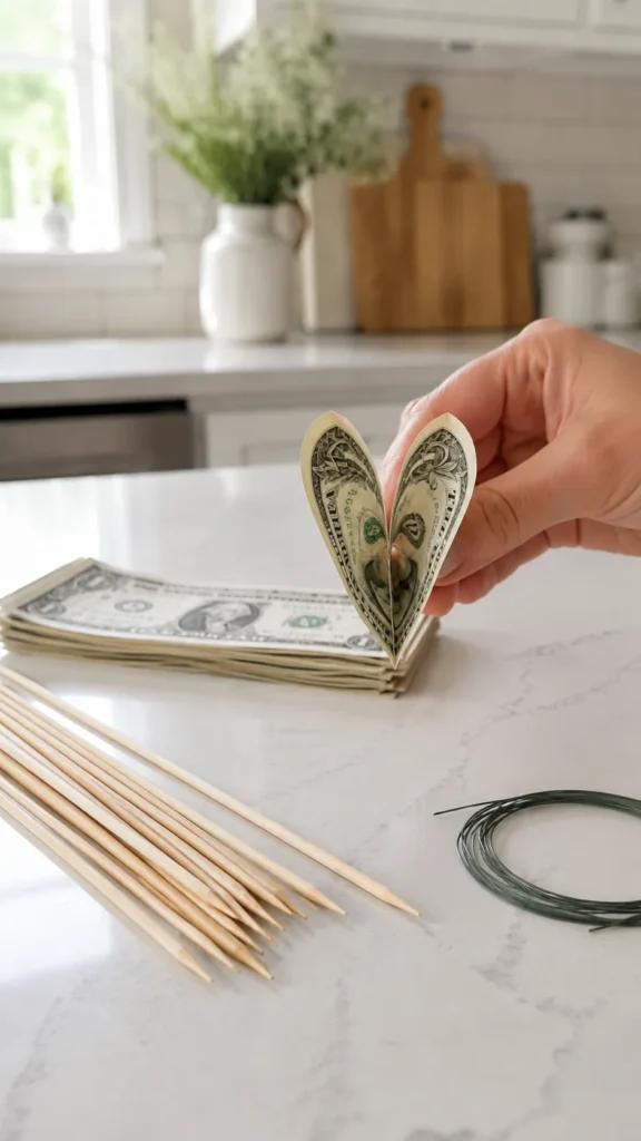 Hand folding a U.S. dollar bill into a money bouquet petal on a bright kitchen counter with wooden skewers, floral wire, and a stack of bills nearby.